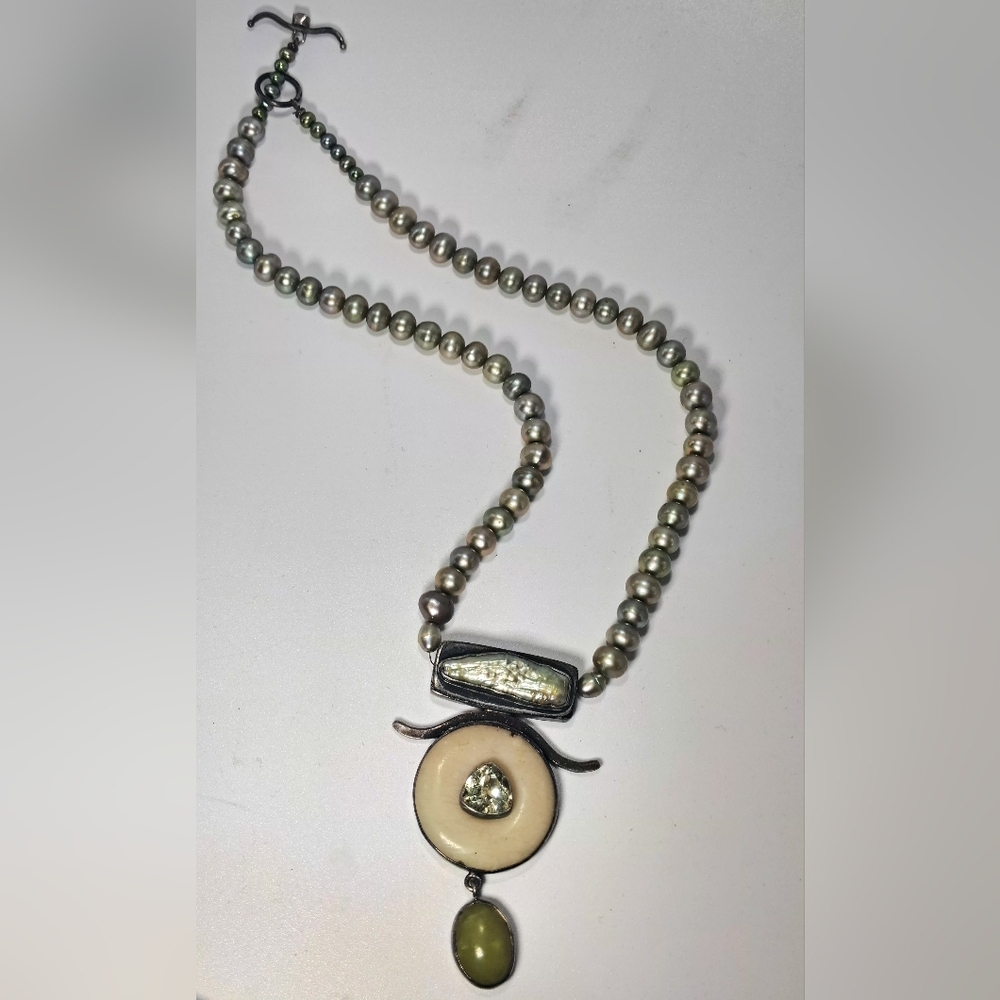 Vintage Tahitian Pearl Necklace With Sterling Silver Carved Bone Pendant